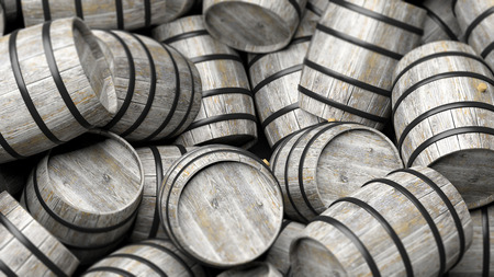 Pile of wooden barrels in close-upの写真素材