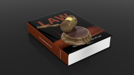 Illustration of wooden court hammer lying on law manual. Black background.