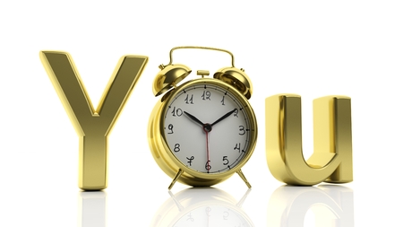3D golden word You with alarm clock as letter O, isolated on white background.