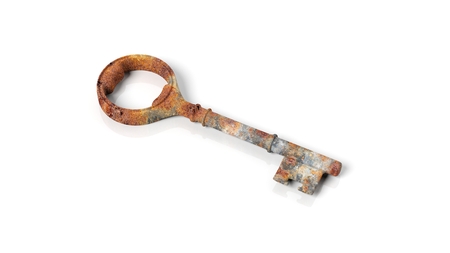 3D rusty retro key, isolated on white background.