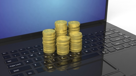 3D rendering of golden Bitcoin stacks on laptop's keyboardの写真素材