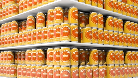 3D rendering with closeup on supermarket shelves with orange drink cans.の写真素材