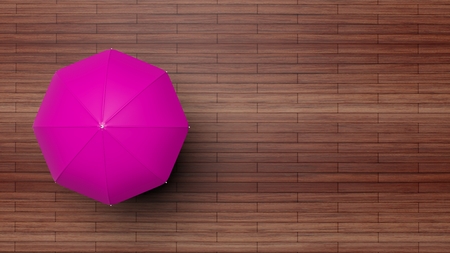 3D rendering of pink umbrella on wooden surface, top viewの写真素材