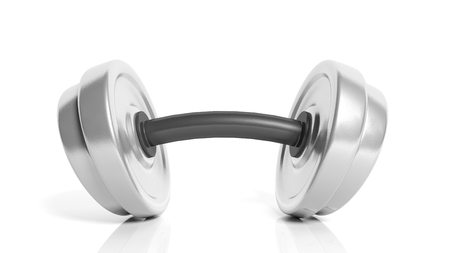 3D rendering of adjustable metallic dumbbell with a bend, isolated on white background.の写真素材