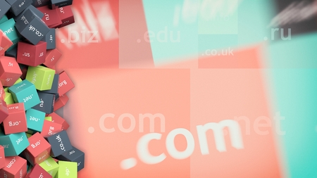 3D rendering of colorful cubes with domain names, abstract backgroundの写真素材