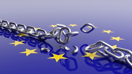 3D rendering of EU flag under unchained silver chainの写真素材