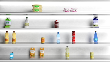 Supermarket white shelves with productsの写真素材