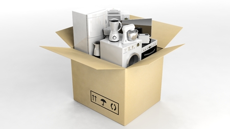 3d rendering set of home appliances in a moving boxの写真素材