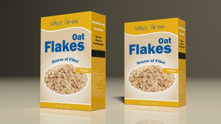 Oat flakes paper packages on colored background. 3d illustrationの写真素材