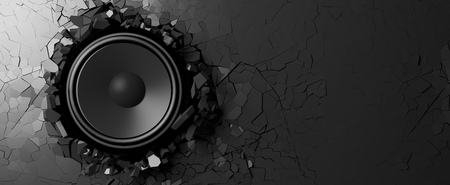 Black wall breaks from the sound of a loudspeaker. 3d illustrationの写真素材