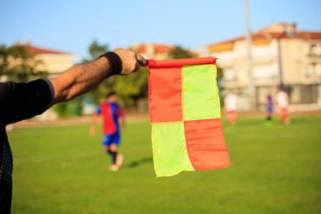 Soccer (football) referee assistant with flag on the green fieldの写真素材