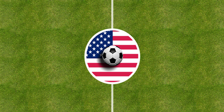 United States of America flag on a soccer field center, top viewの写真素材