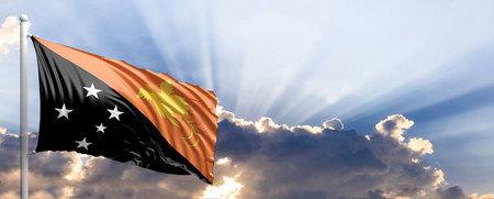 Papua New Guinea waving flag on blue sky. 3d illustrationの写真素材