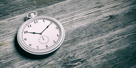 Silver pocket watch isolated on wooden background. 3d illustration