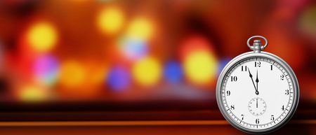 Happy new year concept. Pocket watch isolated on festive abstract background, copy space. 3d...