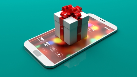 Online shopping concept. White gift box with red ribbon placed on a smartphone, isolated on green background. 3d illustrationの写真素材