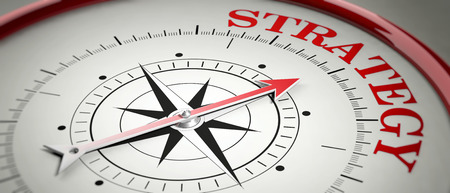 Strategy concept. Compass red arrow pointing at red letters word Strategy. 3d illustrationの写真素材