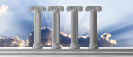 Four marble pillars of democracy or education on blue cloudy sky background, details, front view. 3d...
