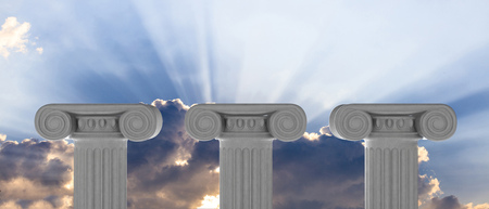 Three marble pillars of sustainability on blue sky background, details, front, view. 3d illustrationの写真素材