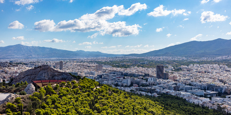 Athens, Greece. Lycabettus hill and open air theatre, Athens city aerial viewの写真素材
