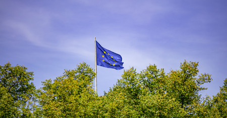 EU flag on pole. Waving flag of European Union over green trees.