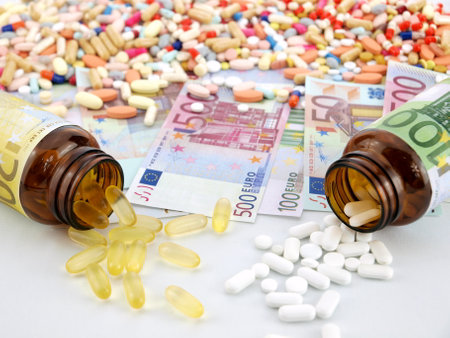 Pills spilling out of pill bottle and euro banknotes on white backgroundの写真素材