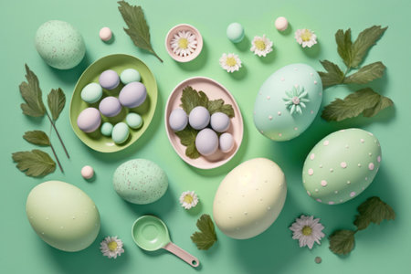 Easter eggs and spring flowers on green background. Top view, flat layの素材