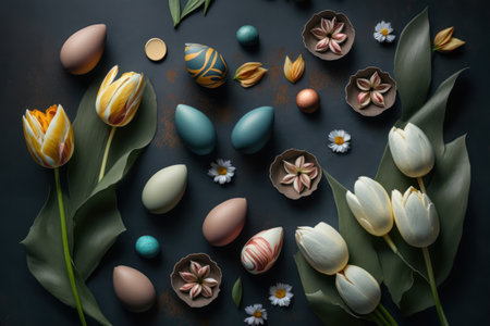 Easter eggs and tulips on dark background. Top view.の素材