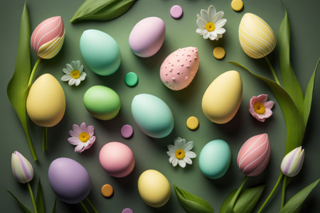 Colorful easter eggs and flowers on green background, flat layの素材