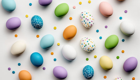 Colorful easter eggs on white background. Happy Easter concept.の素材