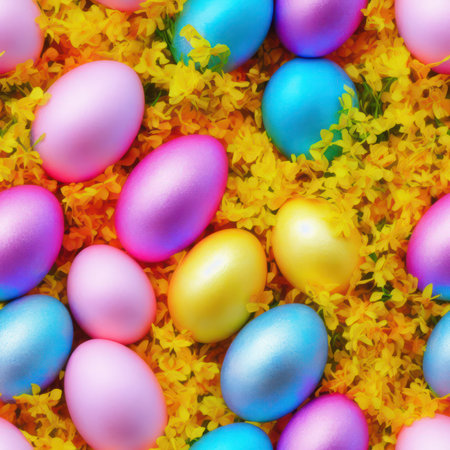 Colorful easter eggs and yellow daffodil flowers backgroundの素材