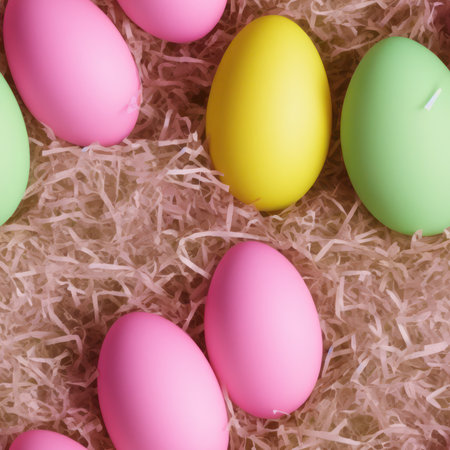 Easter eggs in pastel colors on white background with copy spaceの素材
