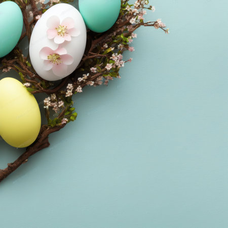 Easter eggs and spring flowers on pastel blue background. Top view with copy spaceの素材
