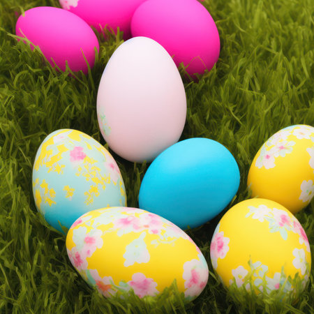 Colorful easter eggs on green grass background, close-upの素材