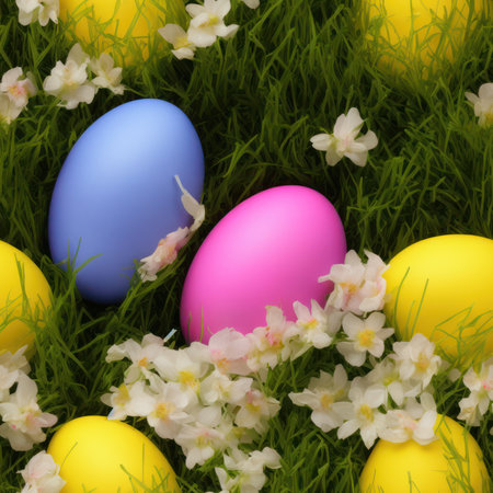 Colorful easter eggs with spring flowers on green grass background.の素材