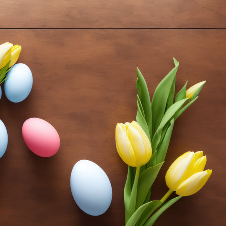 Easter eggs and tulips on wooden background. Top view with copy spaceの素材