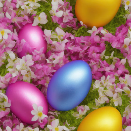 Colorful easter eggs with spring flowers on green grass background.の素材