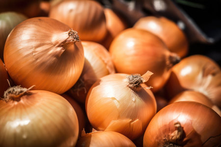 Close up of fresh onions. Selective focus. Shallow depth of field. Toned.の素材