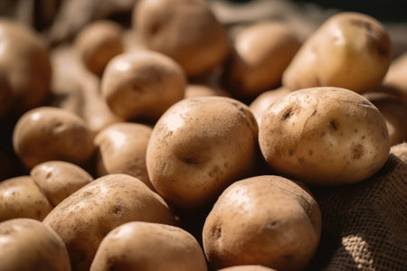 Potatoes in a sack on a market stall. Close up.の素材