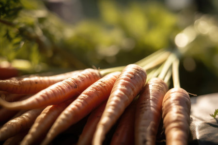 Bunch of fresh carrots in the garden. Selective focus.の素材
