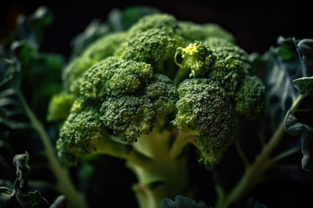 Close up of fresh broccoli on dark background. Selective focus.の素材