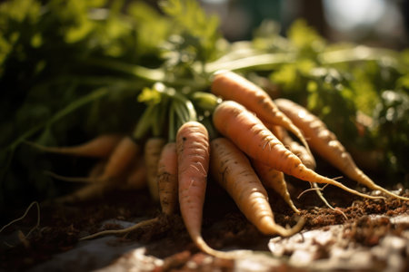 Bunch of fresh carrots with green leaves. Selective focus.の素材