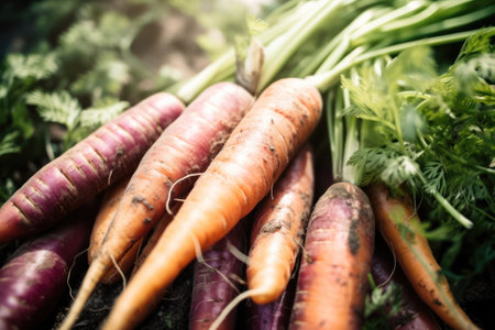 Fresh carrots in the garden. Selective focus. Food background.の素材