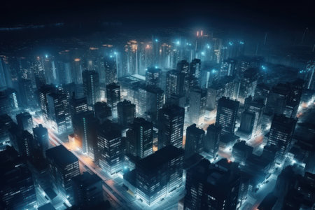 Night city with lights and high-rise buildings, 3d renderingの素材