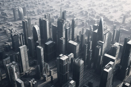 3D illustration of skyscrapers in a foggy city.の素材