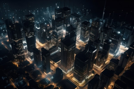 Modern skyscrapers in the city at night. 3d renderingの素材
