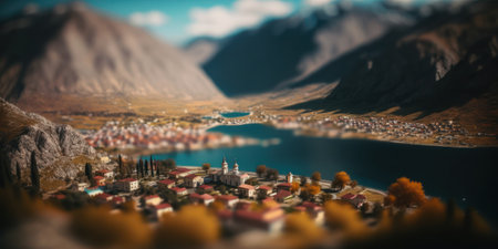 Miniature city. 3d render. City in the mountains.の素材