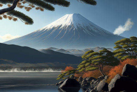 3D illustration of Mt.Fuji with lake and pine treeの素材