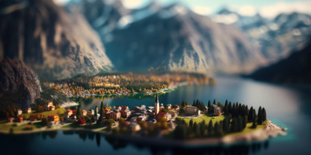Miniature town on the lake. 3d illustration. Selective focus.の素材