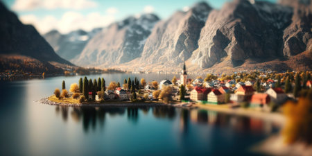 Fantastic panoramic aerial view of famous Hallstatt village in Austria.の素材